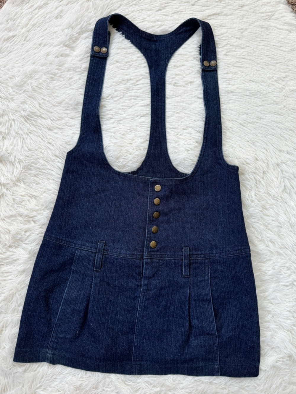 Y2K VTG MaxRave dark blue navy denim suspender pinafore mini dress size large